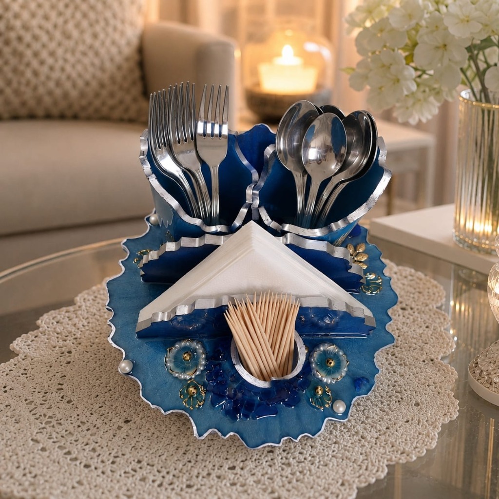 Handcrafted royal blue resin cutlery and napkin tray